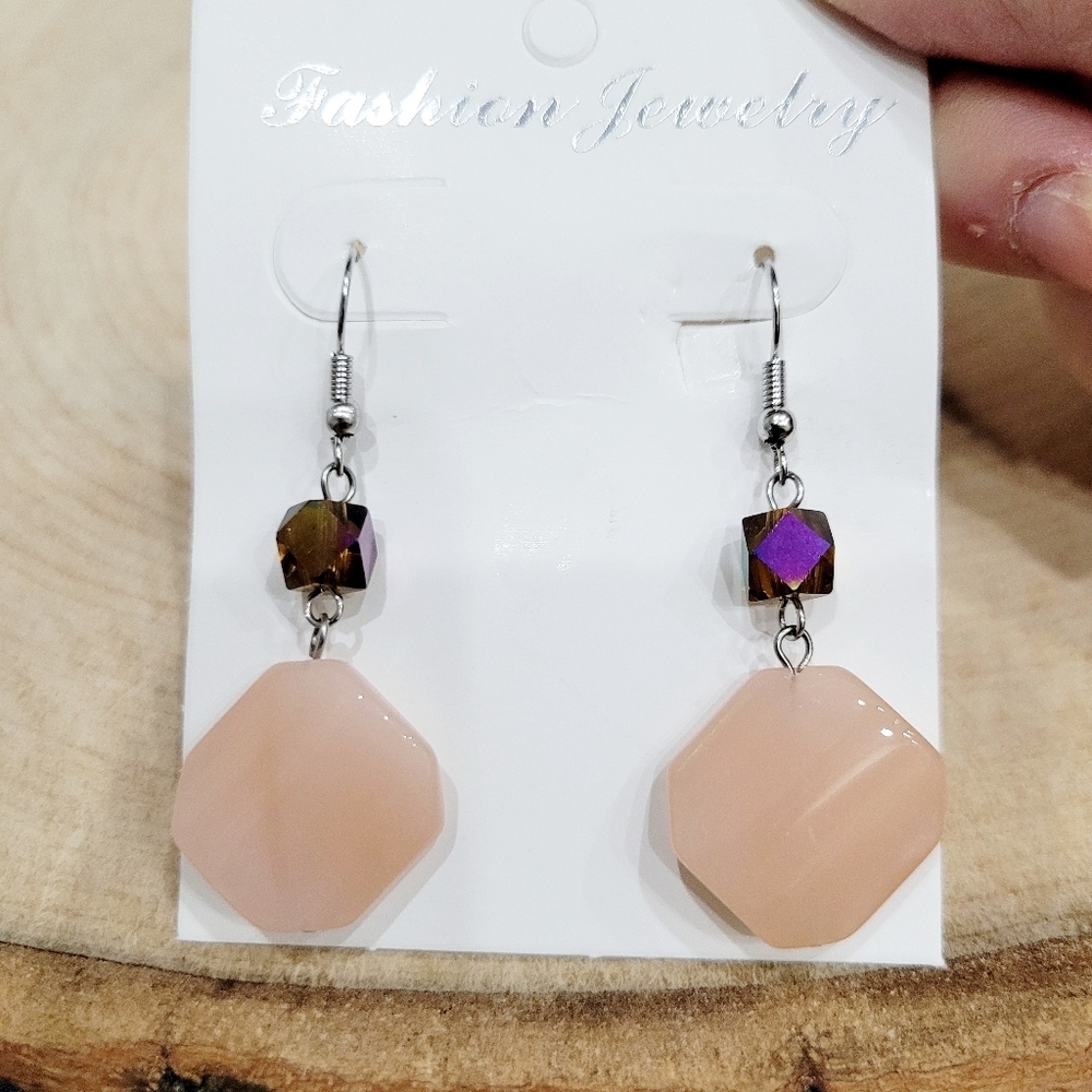 Brand New Silver Tone Pink & Purple Stone Dangle Earrings